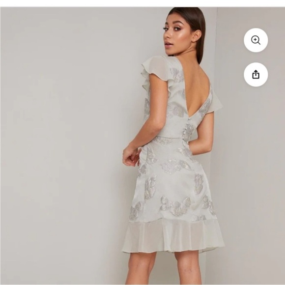 Clemmie Jacquard Metallic Frill Detail Dress In Silver Size 6 - Picture 3 of 9